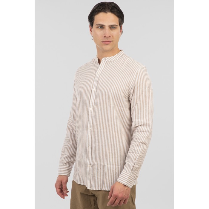 Πουκάμισο Μάο Ρίγα  Rebase 251.RGS-5063 Beige White  Πουκάμισα